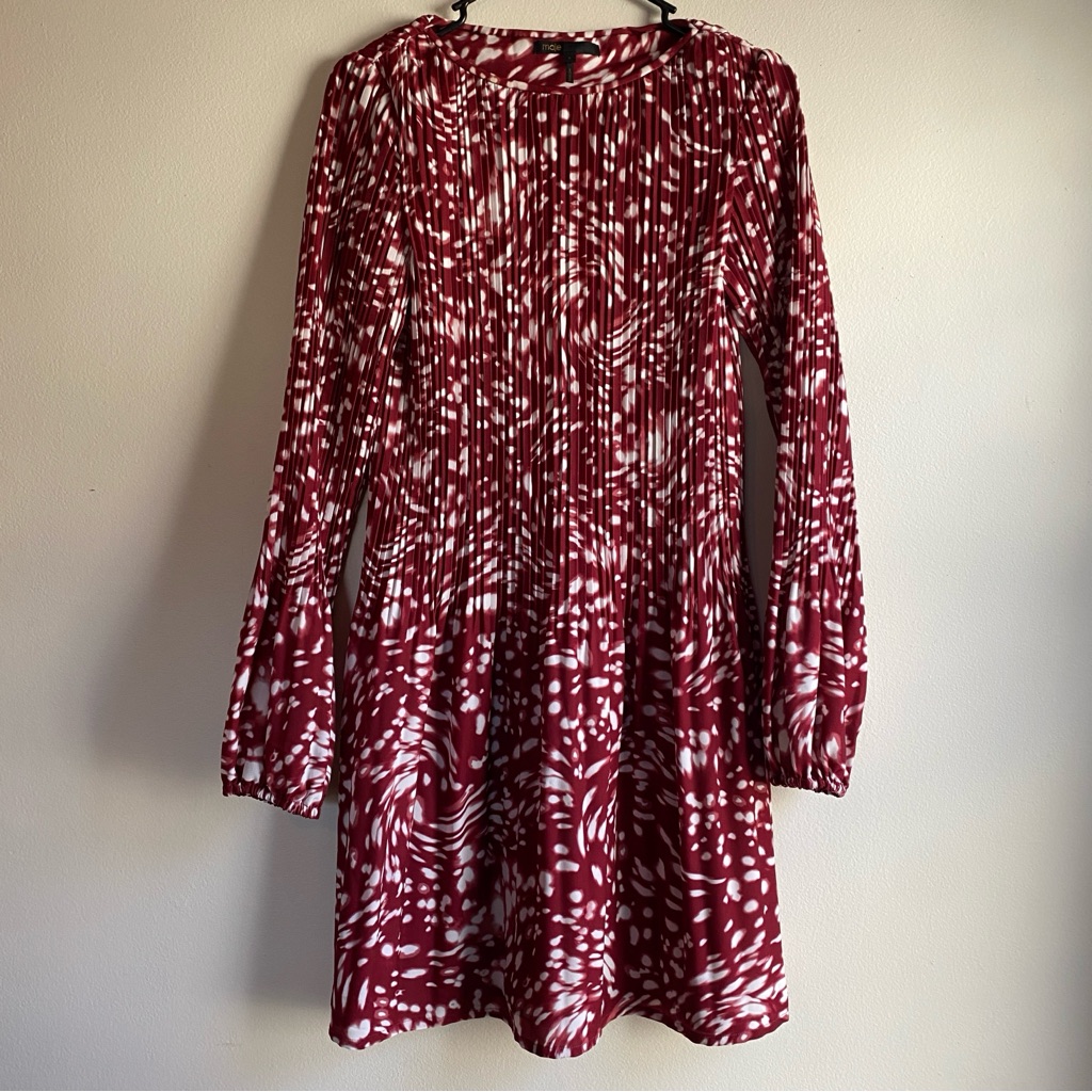 Maje Red And White Tie-Dye Print Shift Dress With Bishop Sleeves